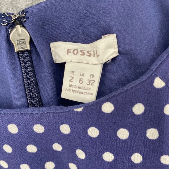 Fossil Dress Womens 2 Navy Polka Dot Silk Fit & Flare Raglan Short Sleeve Mini - Picture 5 of 10